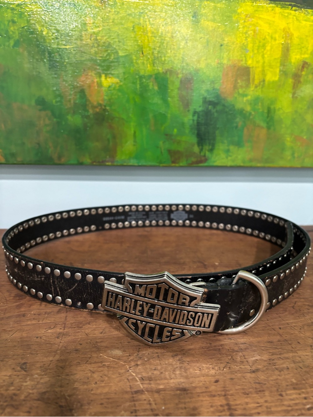 Harley-Davidson Black Leather Belt with Silver Shield Buckle and rivets